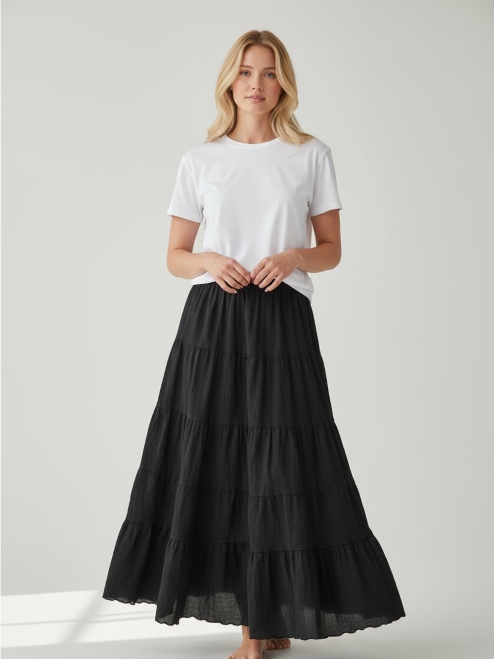 AQUA Black Tiered Broomstick Midi Skirt SMALL NWT Boho Flowy $78